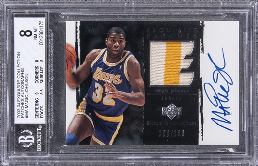 2003-04 UD "Exquisite Collection" Patches Autographs #MA Magic Johnson Signed Game Used Patch Card (#100/100) – BGS NM-MT 8/BGS 10
